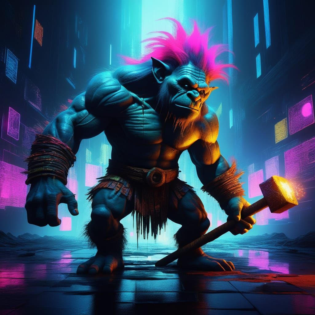 Troll Warrior Navigating Neon Data Stream