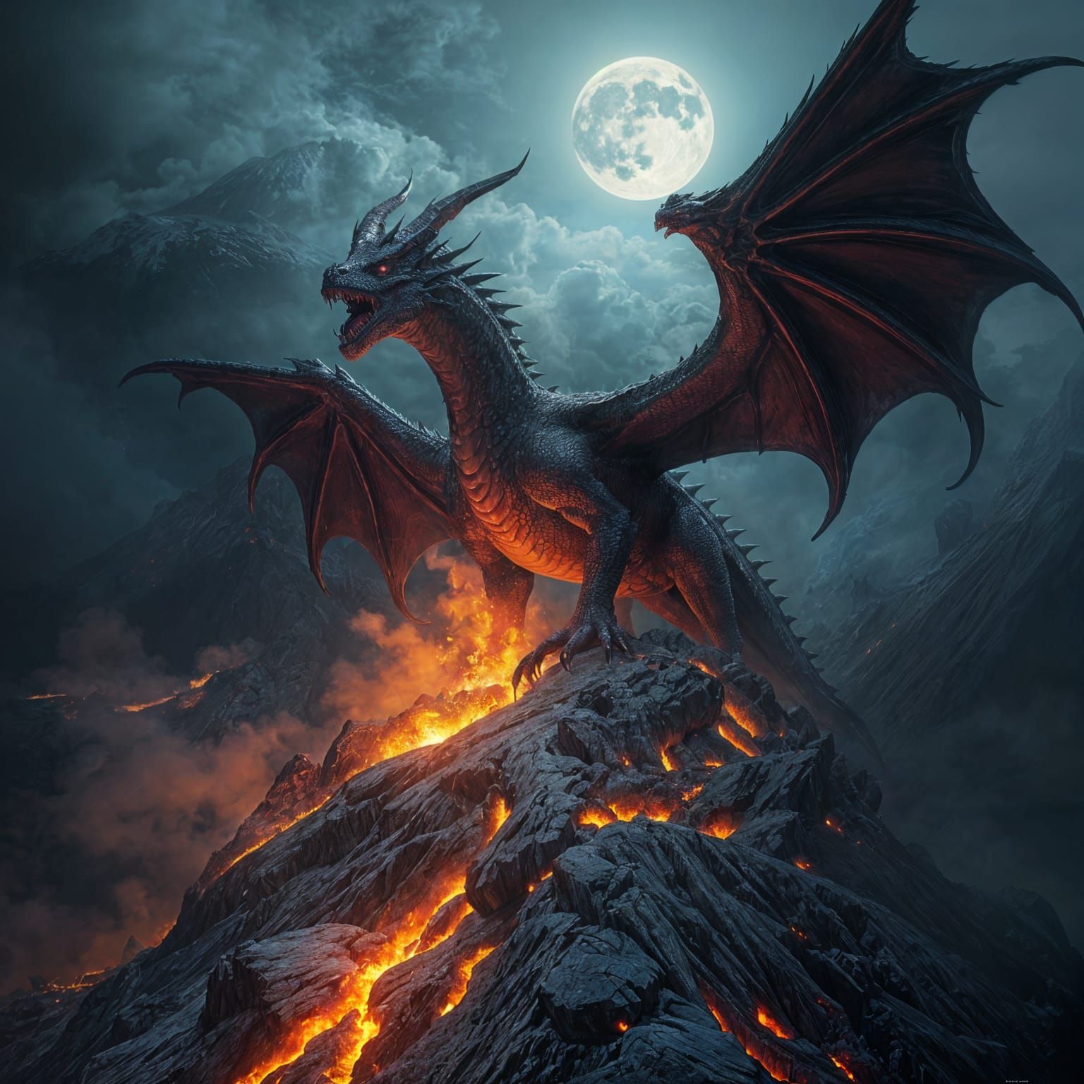 Ancient Dragon on Volcano: Dark Fantasy Concept Art