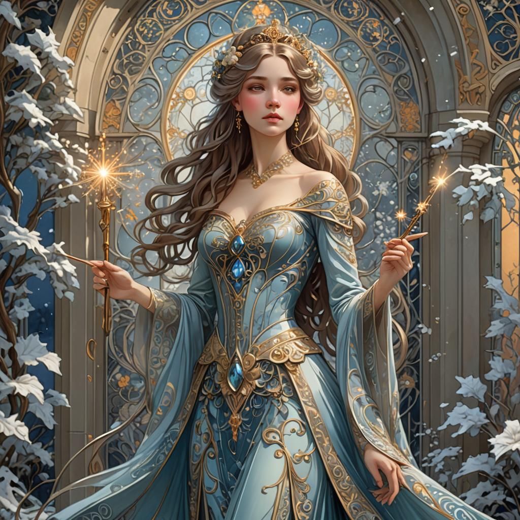 Art Nouveau Princess in Snowy Garden with Magic Wand