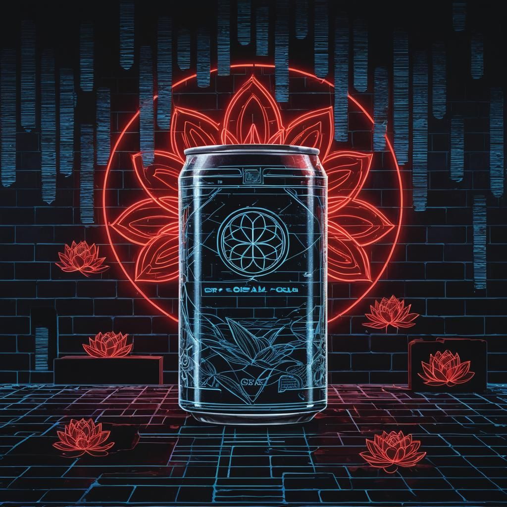 Ornate Soft Drink Can with Neon Lotus, in Geometric Style