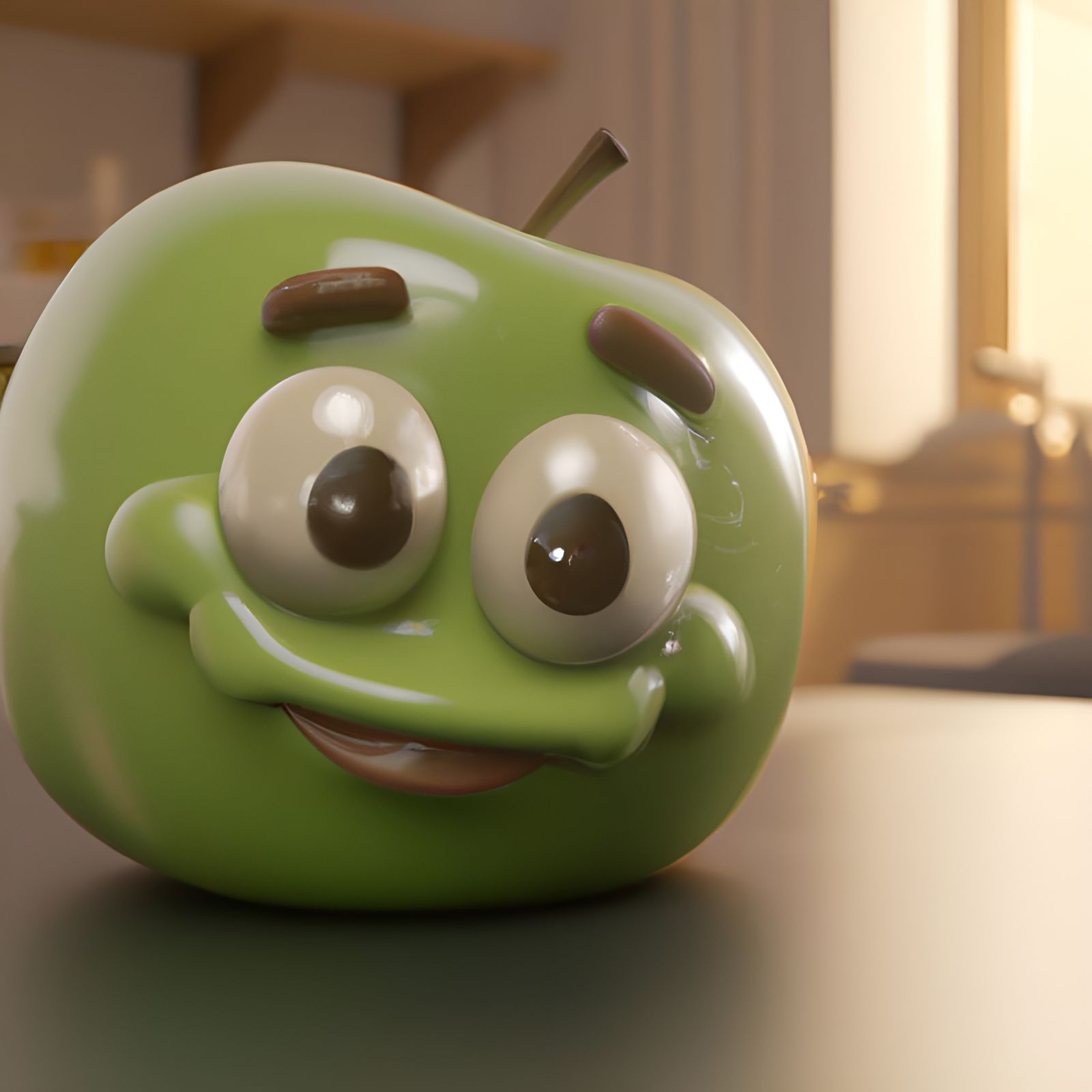 Happy Apple on a Sunny Kitchen Table, 8K Render