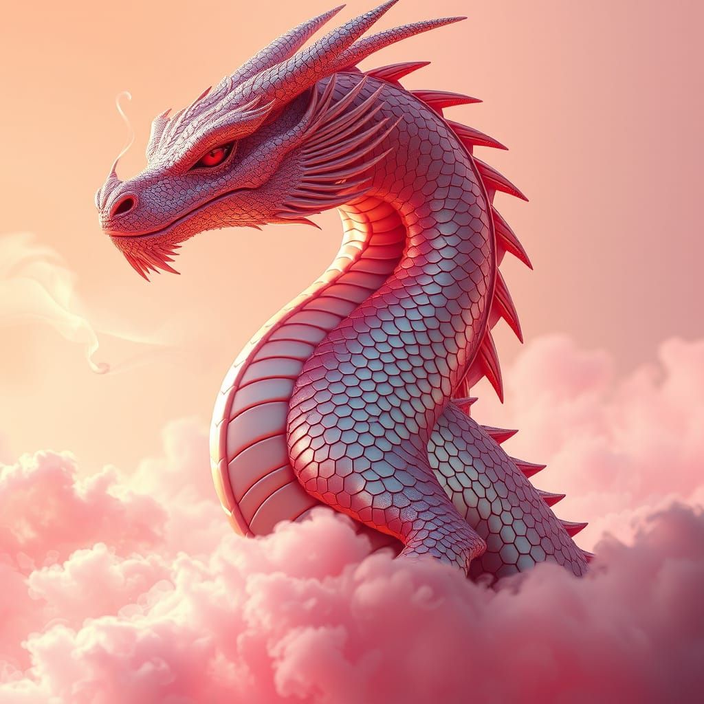 Majestic, Rosy-Hued Dragon in Art Nouveau Style