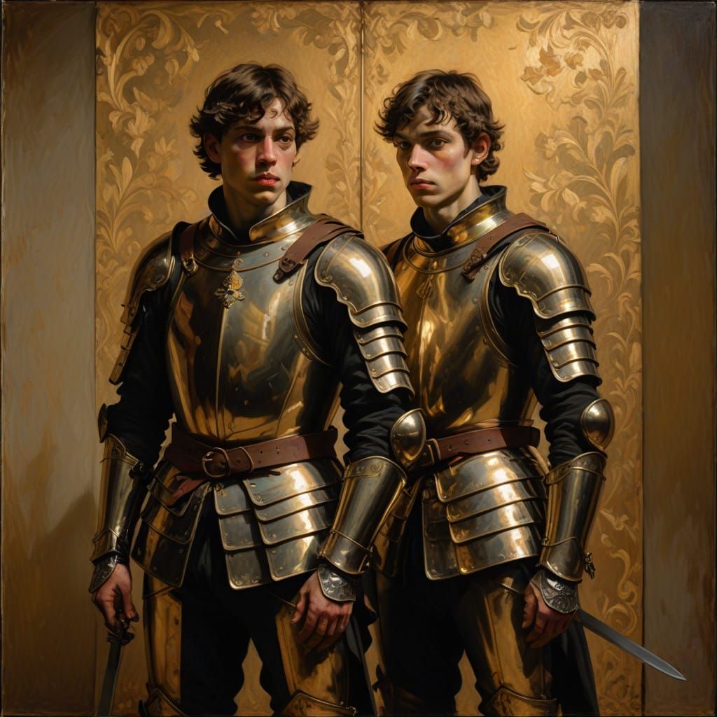 Brothers in Golden Armor Stand in Baroque-Inspired Chiaroscu...