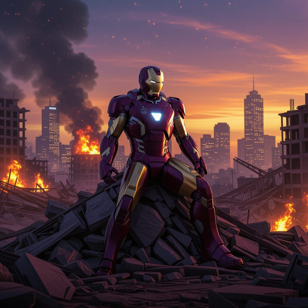 Iron Man Suit Amidst Devastated Cityscape