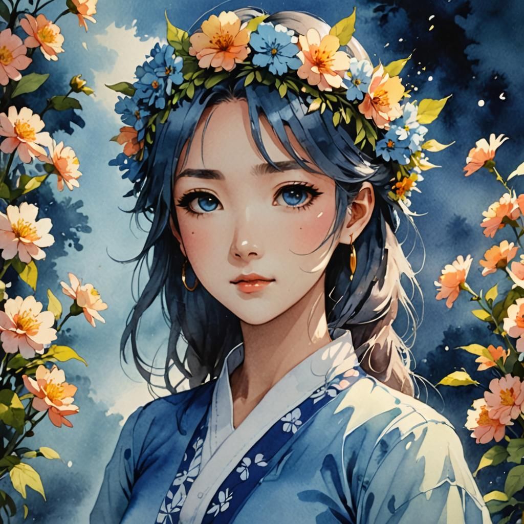 Anime Girl with Flower Crown in Watercolor Style