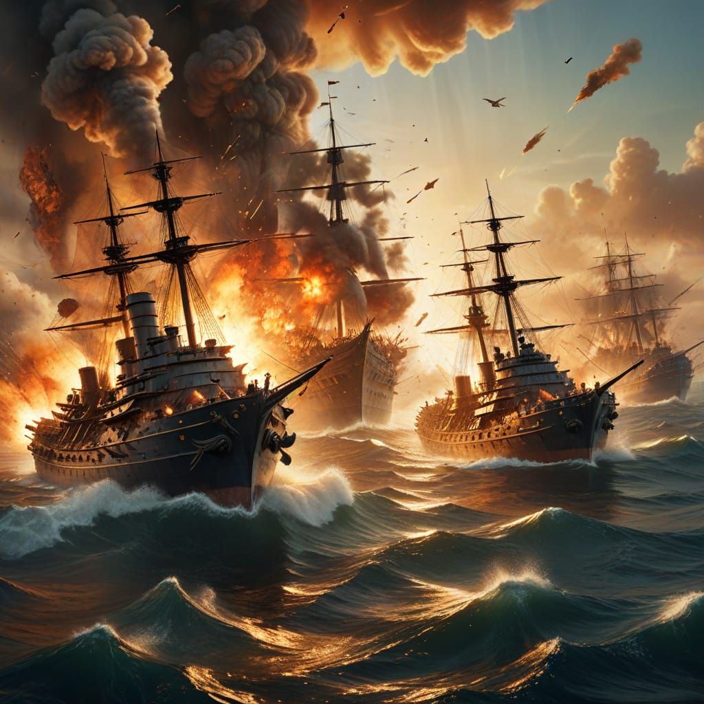 modern battleship in a sea battle with wooden galleons