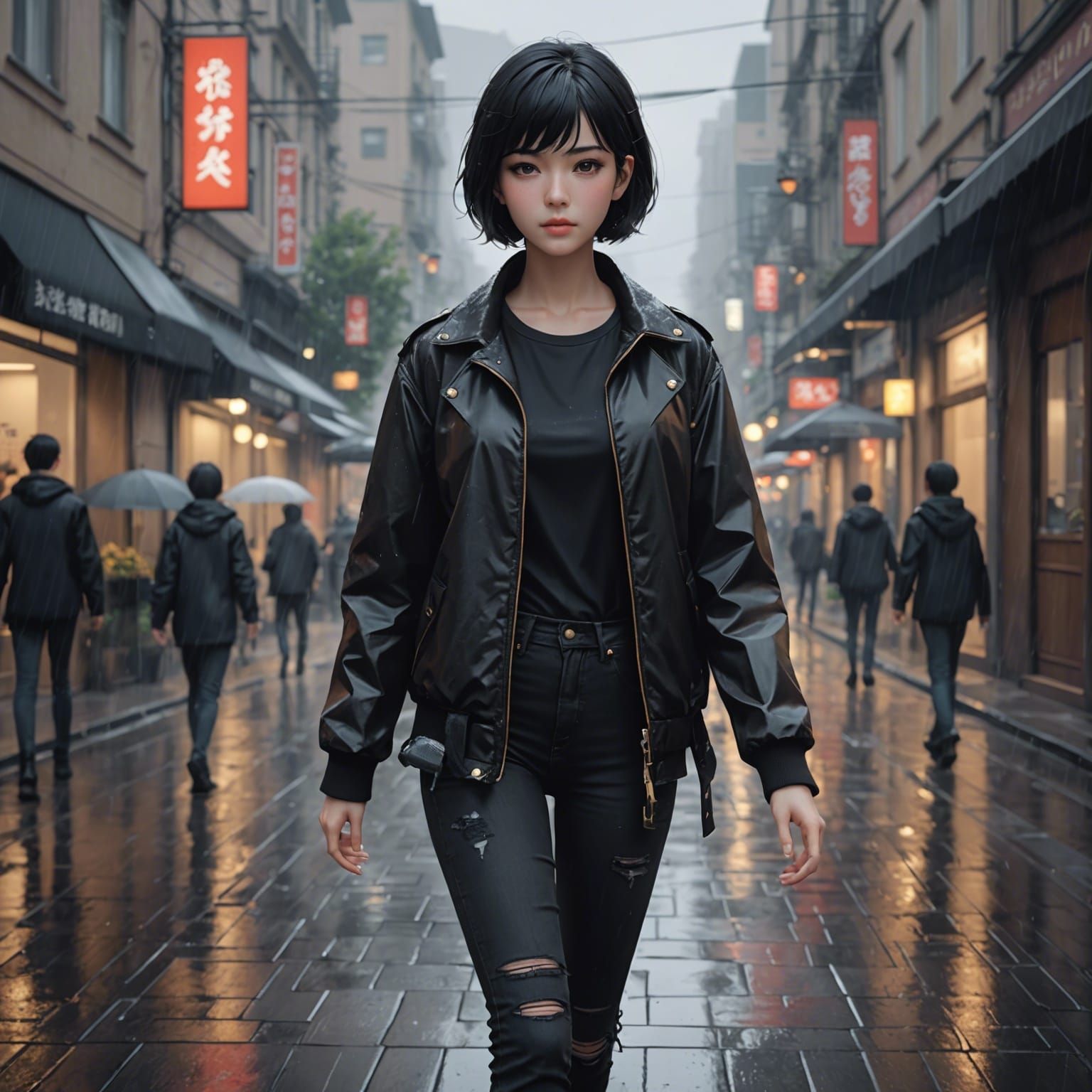 Anime Style Woman Walking in the Rain