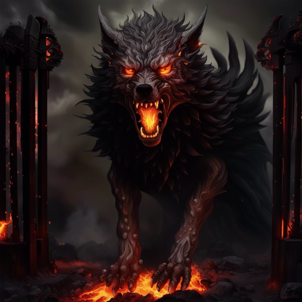 Flaming Giant Wolf Rises from Hell: Macabre Art