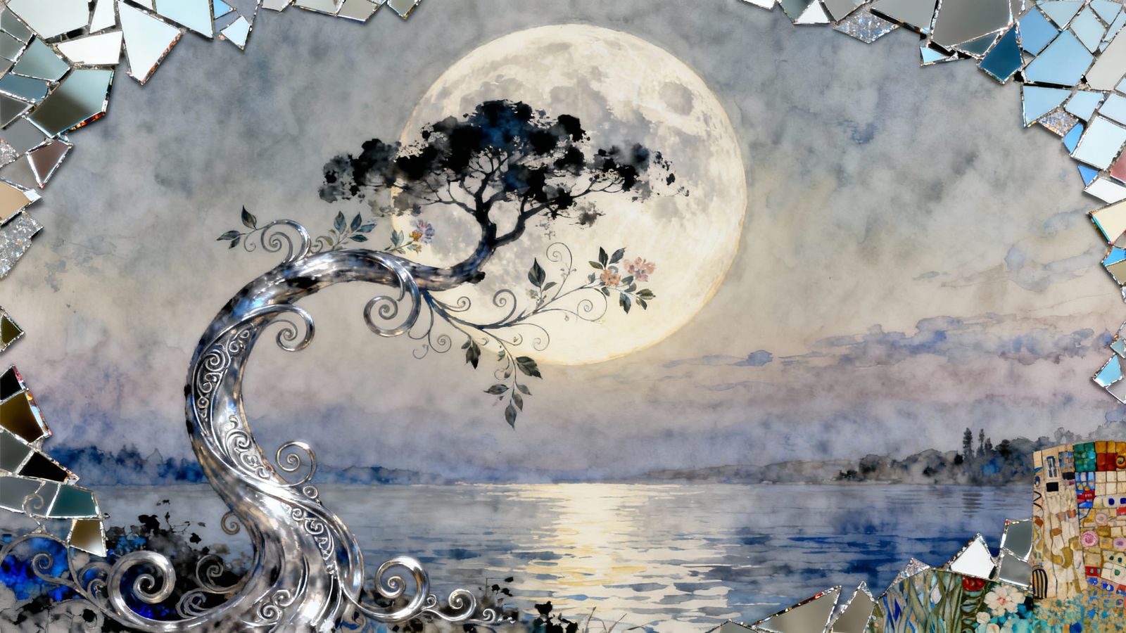 Ethereal Moonlit Landscape with Swirling Tree Branch