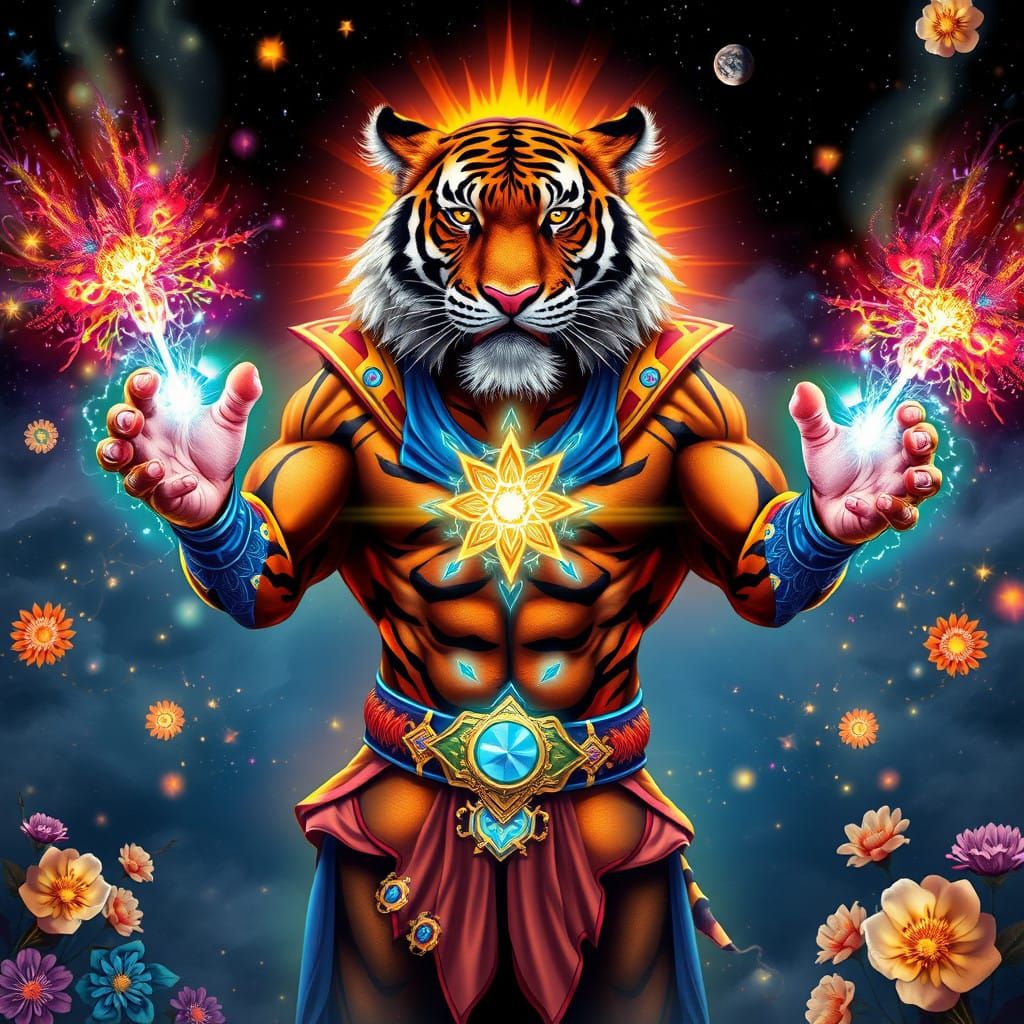 Cosmic Tiger Superhero Unleashes Quantum Energy Blasts
