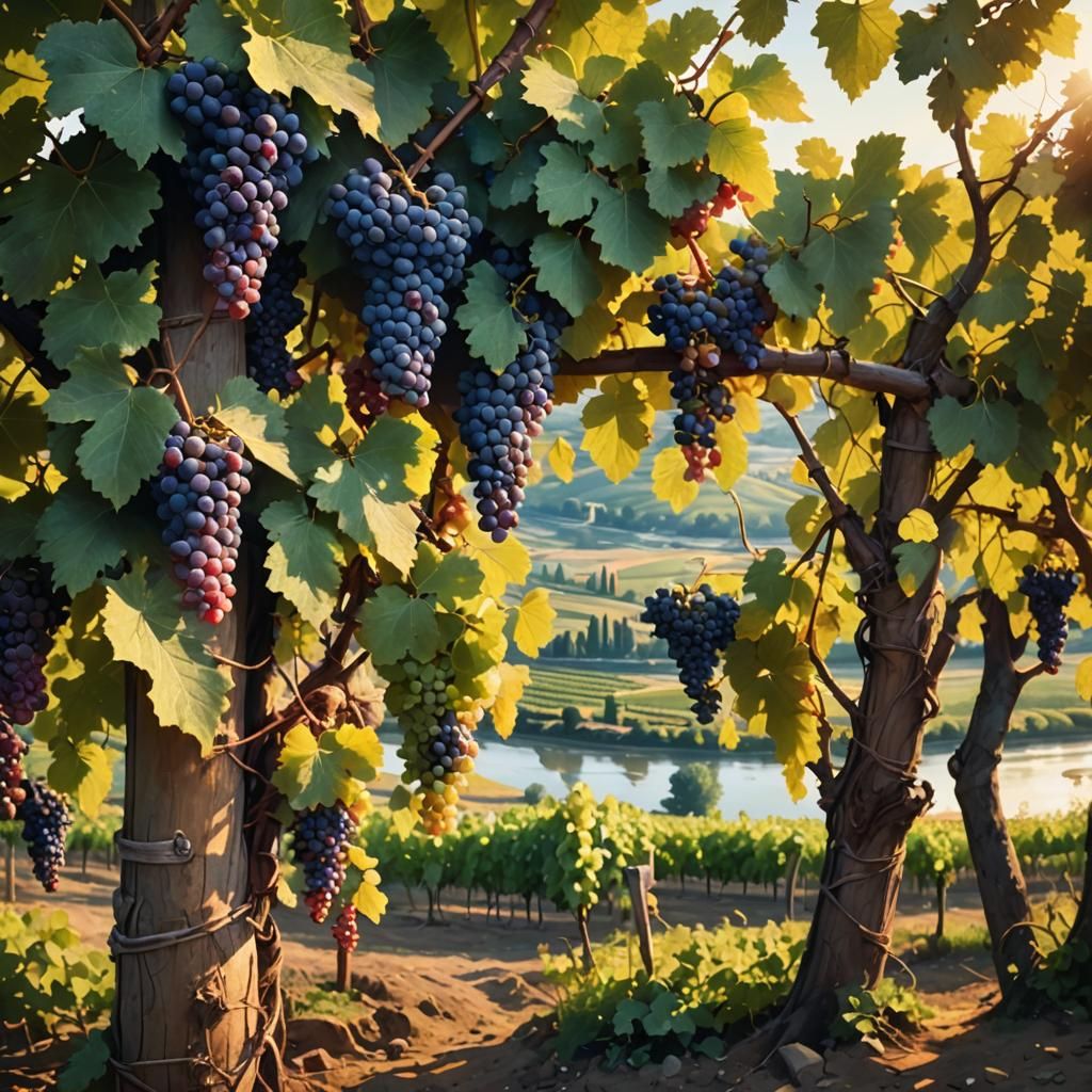 Lush Vineyard by River in Renaissance Style