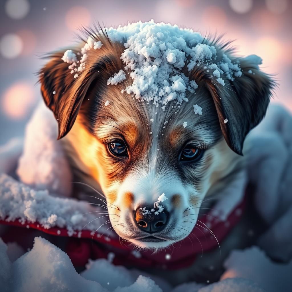 Adorable Puppy Covered in Snow in Hyperrealistic Style