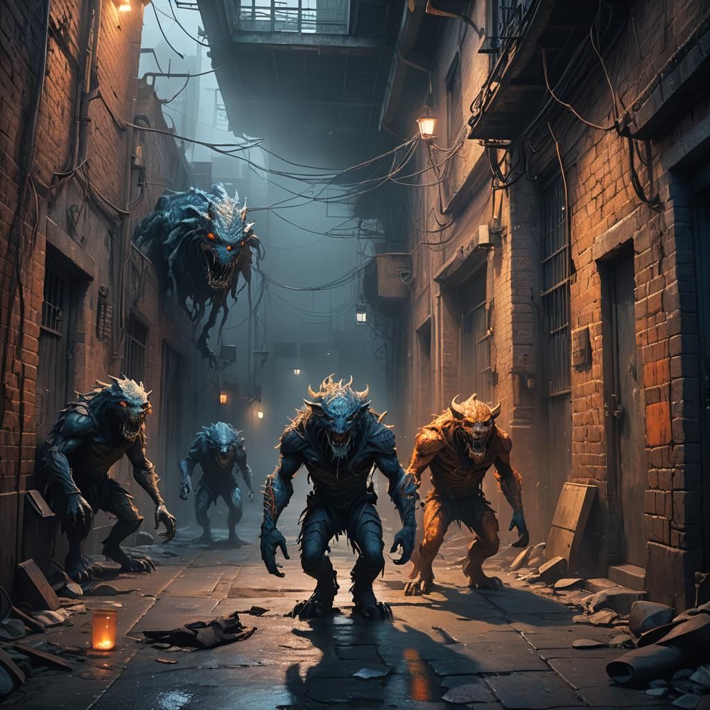 Monsters in Abandoned Alleyway: Fantasy Concept Art