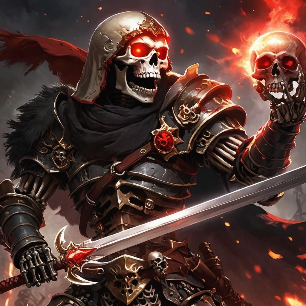 A skeleton warrior clad in full armor, holds a severed glowing red-eyed skull with its left arm, raises a sharp long swo...