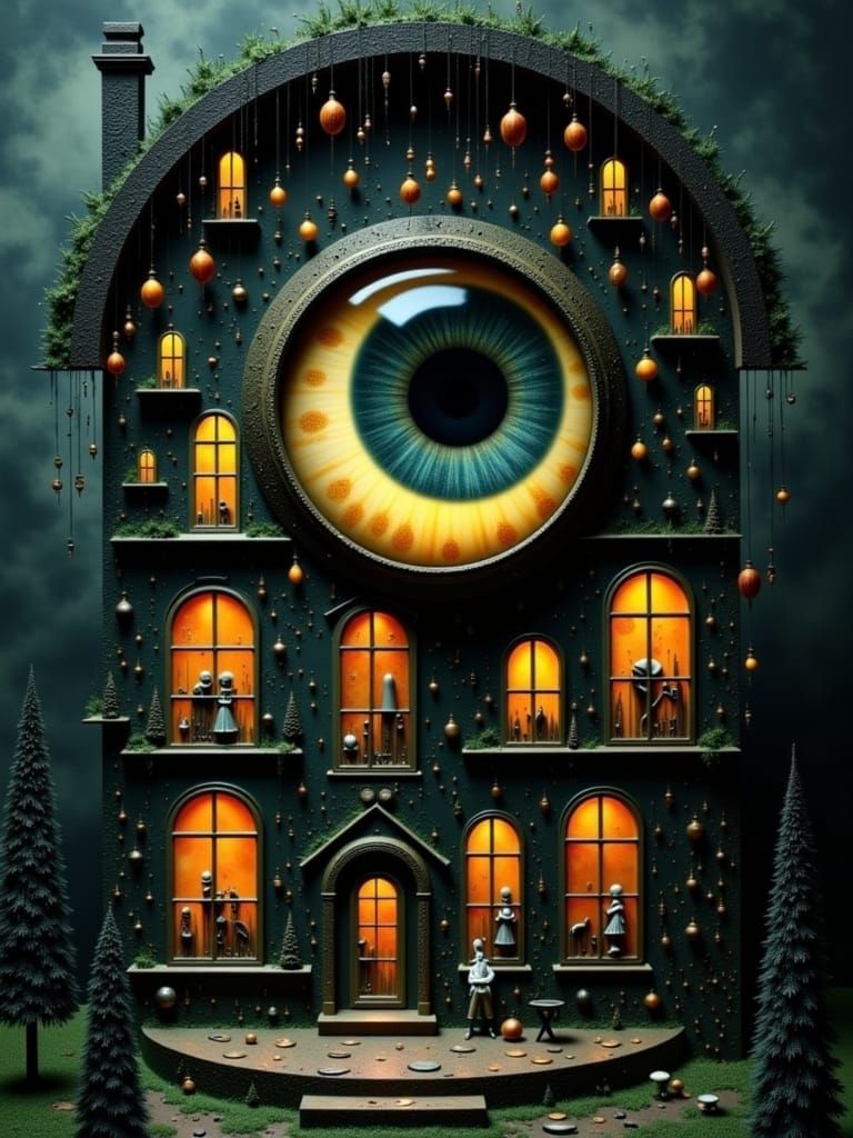 Ghost Dolls in Dollhouse with Eyeball, Surreal Art