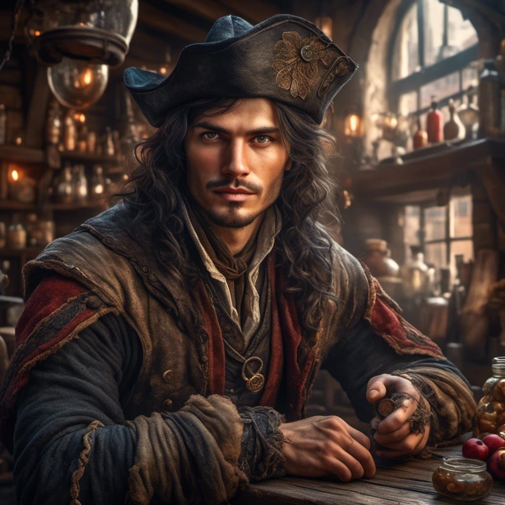 Hyperrealistic Portrait of a Young Merchant in Tavern