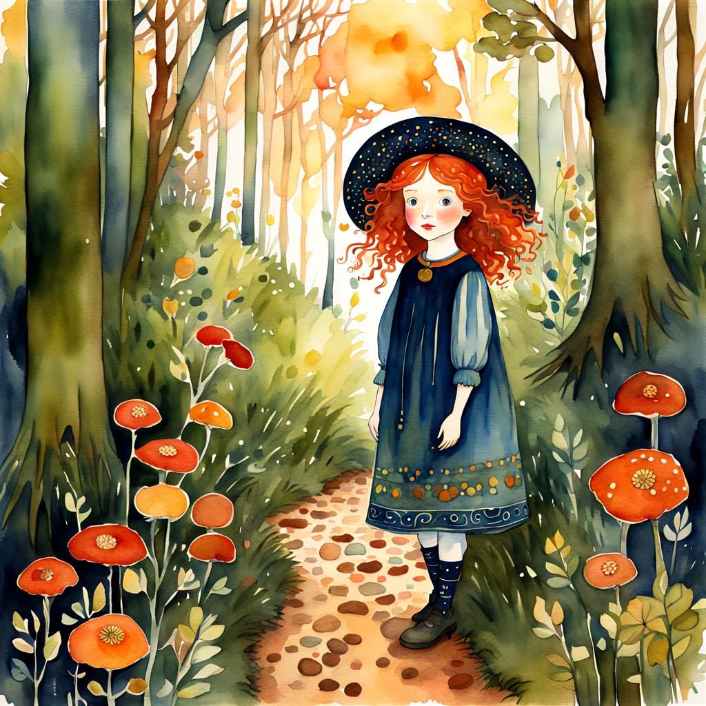 Red-Haired Girl in Woods: Watercolor Illustration