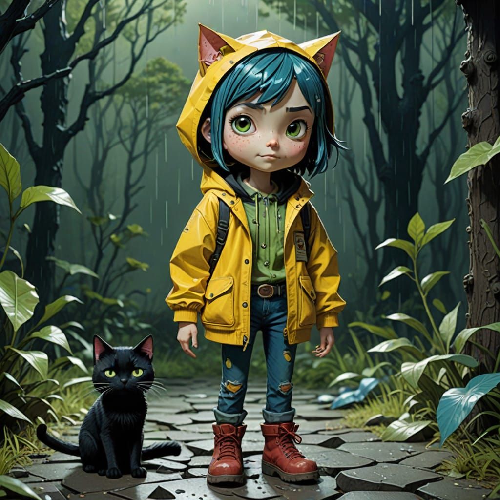 Whimsical Girl and Cat in Papercraft Dreamland