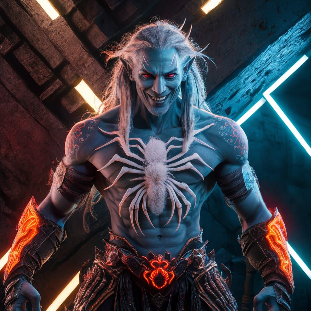 Drow Warrior with Spider Tattoos in Splash Art Style