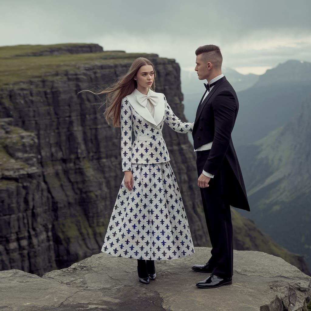 Elegant Woman at Cliff's Edge in a Dramatic Landscape