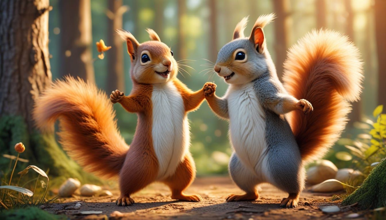 Whimsical Squirrel and Bird Dancing in Forest