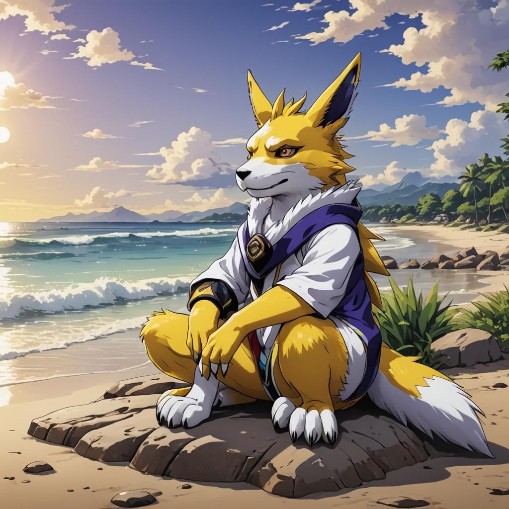 Renamon by the Beach in Anime Style