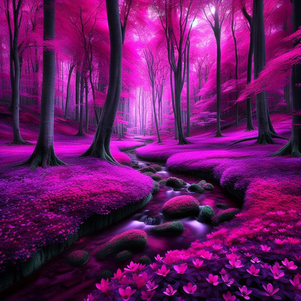 Ethereal Pink and Purple Forest Landscape in HDR