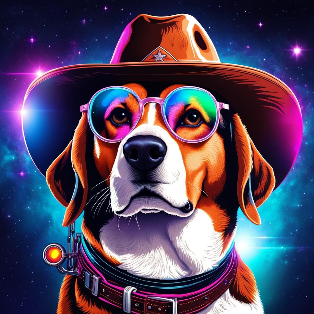 Beagle Dog Cowboy in Space, Synthwave Art