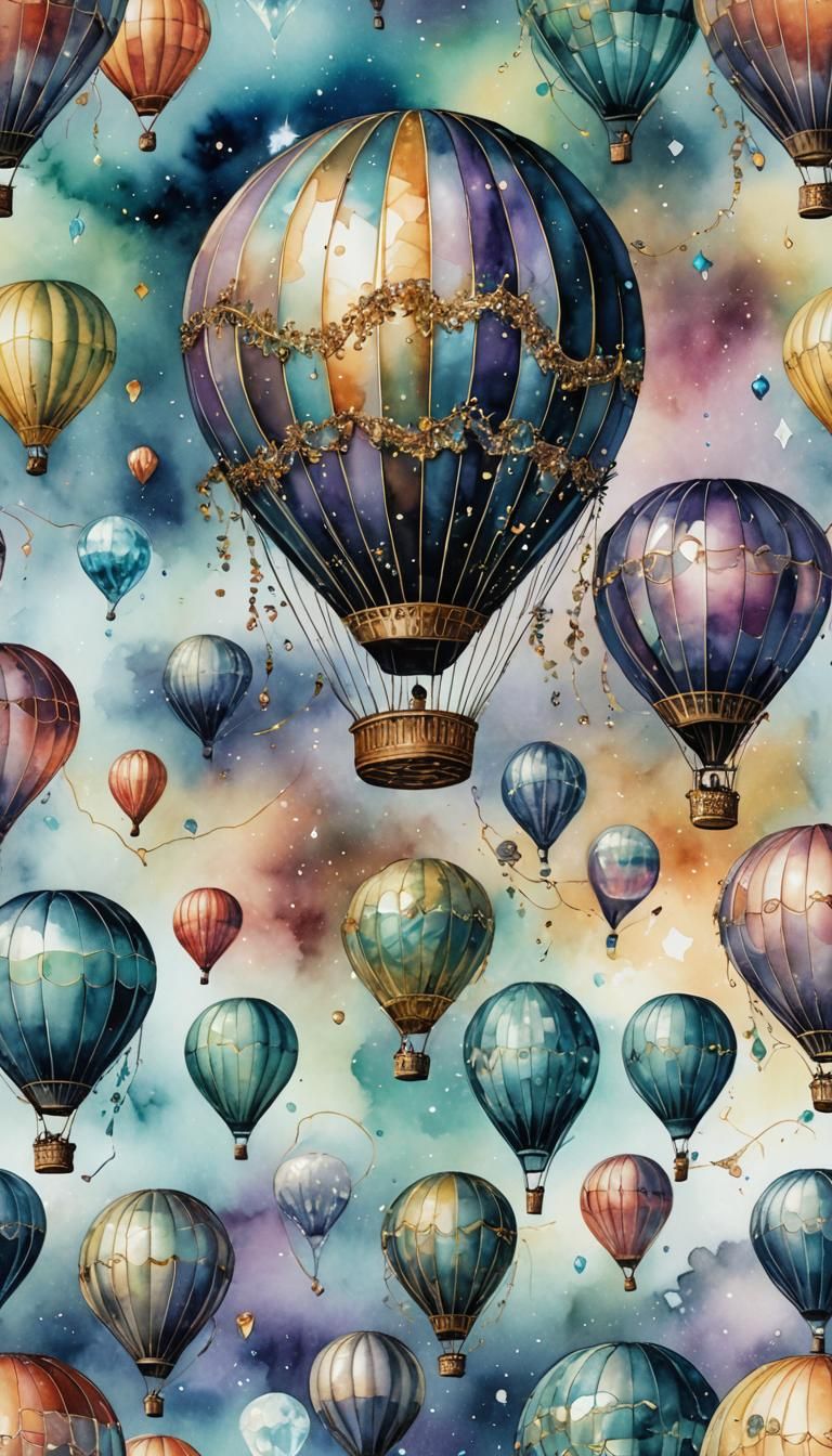 Sparkling Diamond Hot Air Balloon in Gothic Watercolor