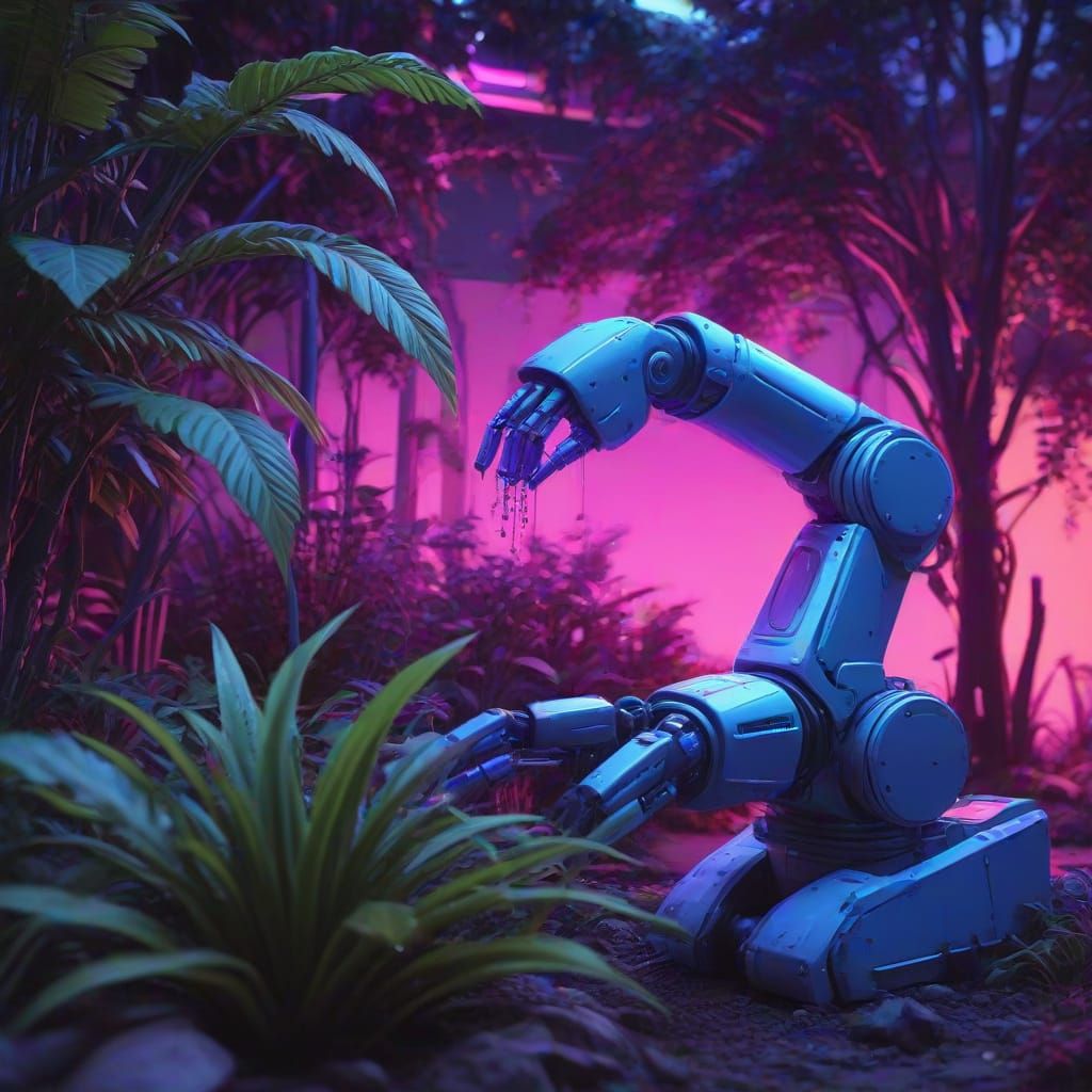 Robot Arm Plants Seed in Futuristic Garden, Synthwave Style