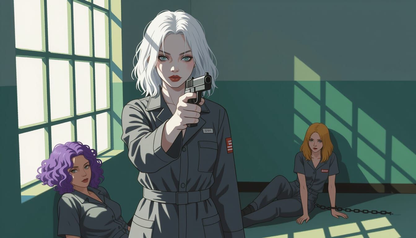 Albino Woman in Prison: Hyperrealistic Digital Illustration