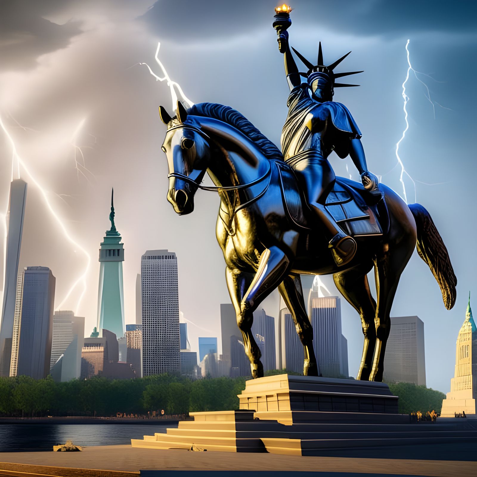 Hyperrealistic Steampunk Horse Sculpture Replacing Liberty