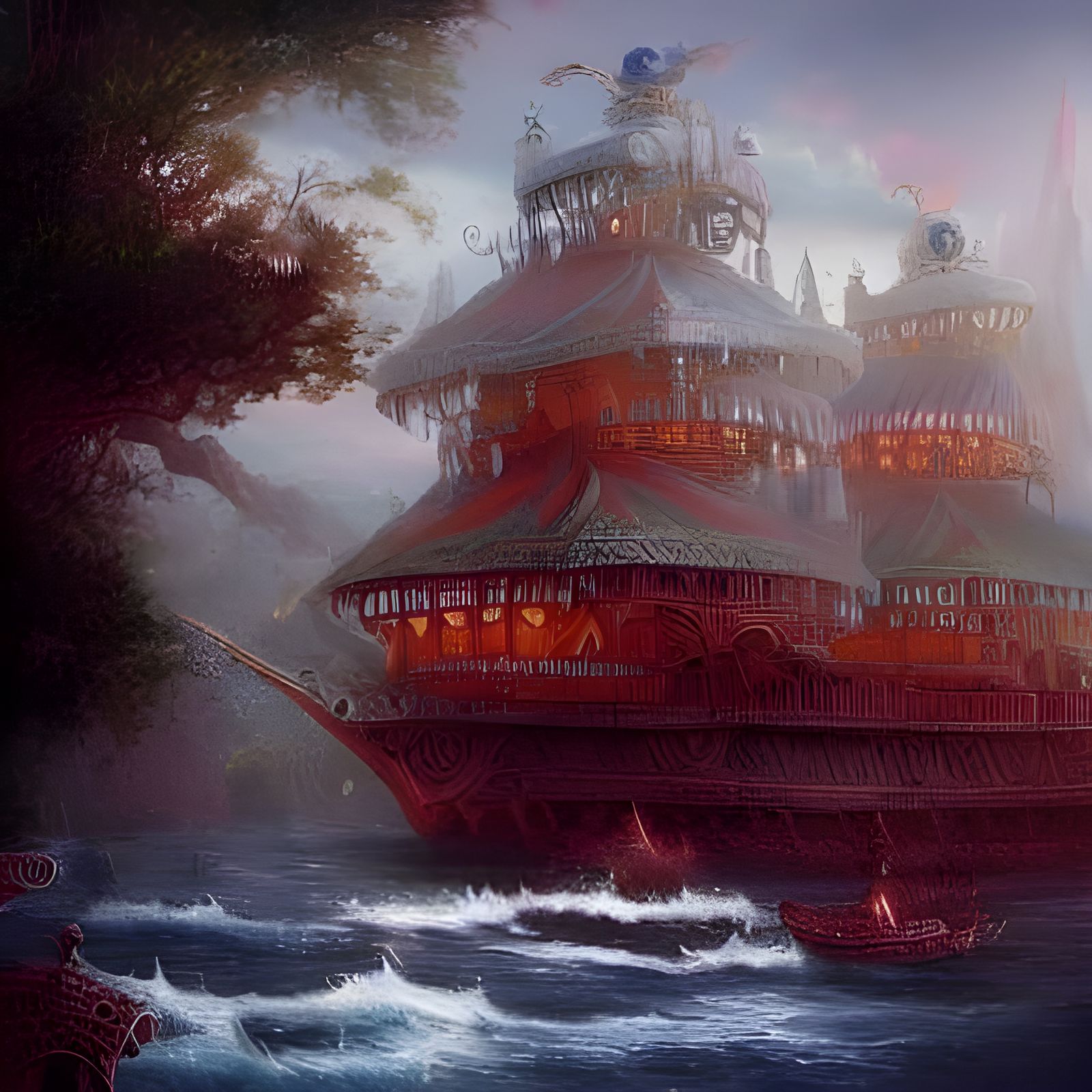 Fantasy Pirate Ship on Red Mountain, Ethereal Painting
