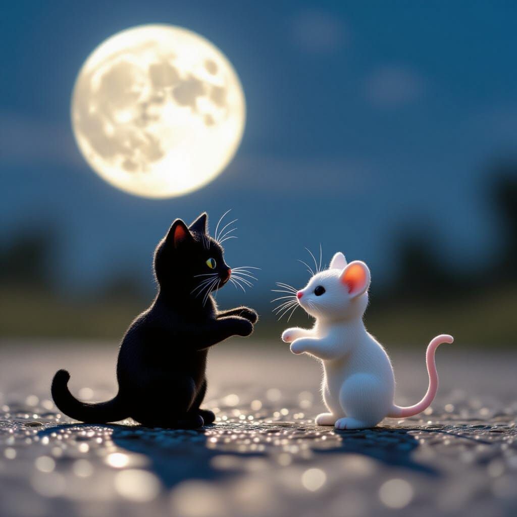 Black Cat Dances with White Mouse Under Full Moon