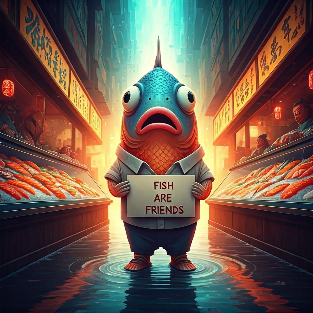 A concerned Charlie searches the fish market for his missing...