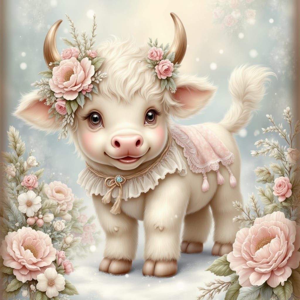 Cute Cow in Pastel Winter Scene