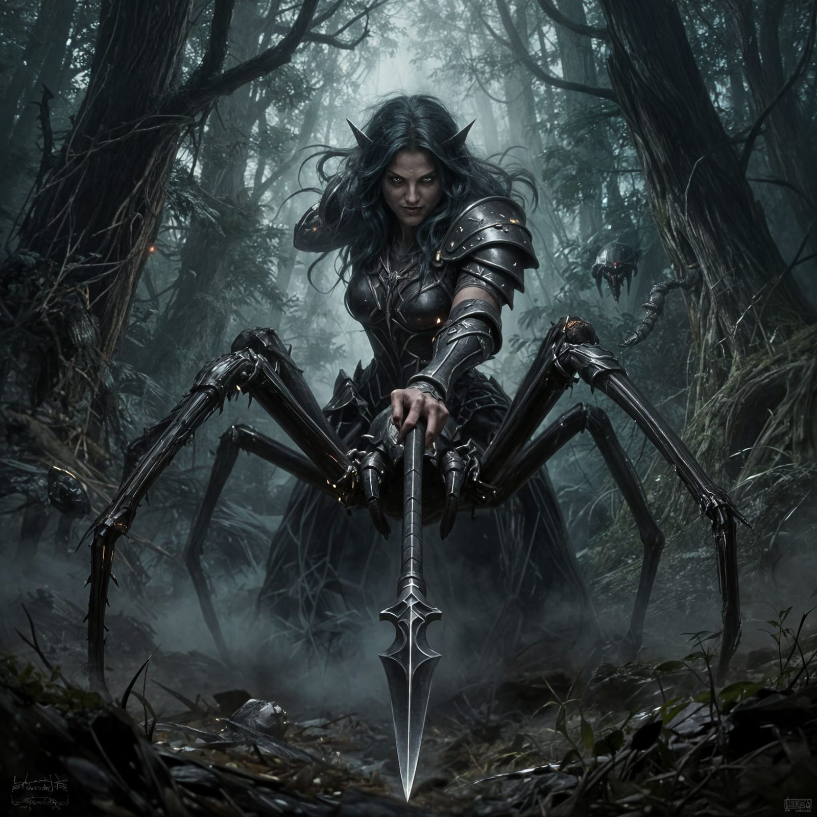 Dark Fantasy Female Drider Warrior in Forest