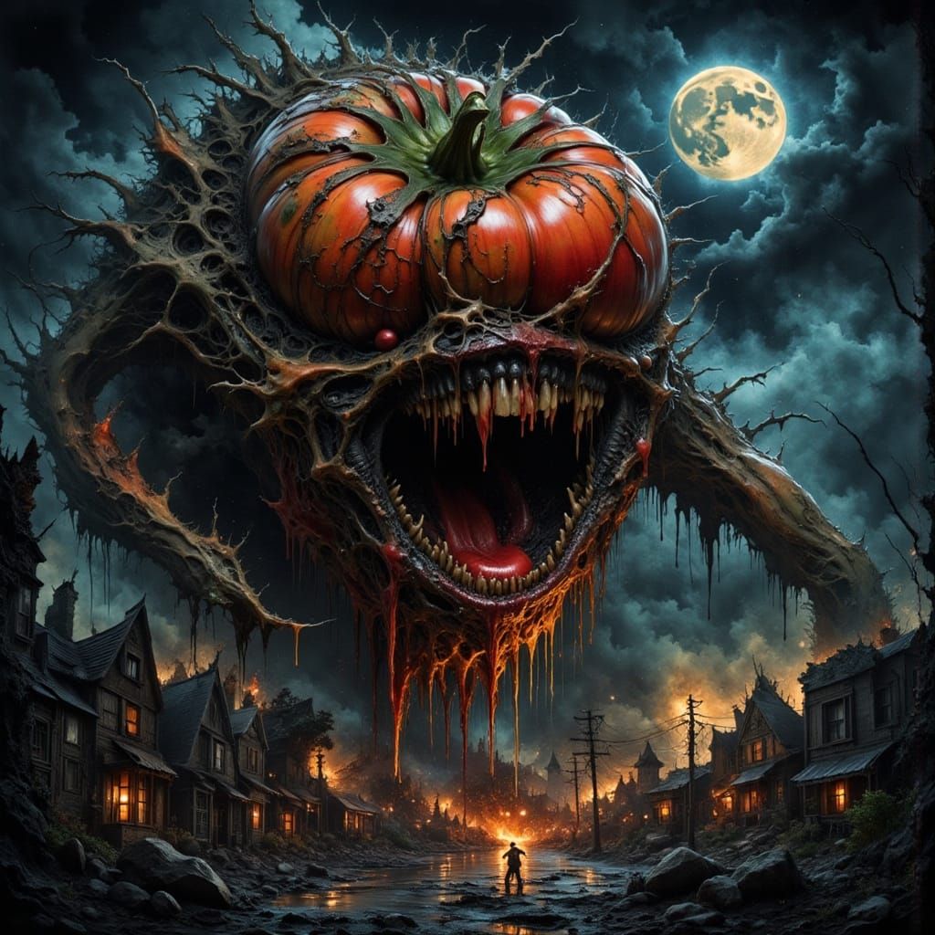 Giant Tomato Monster Threatens Tiny Town Under Moonlit Night