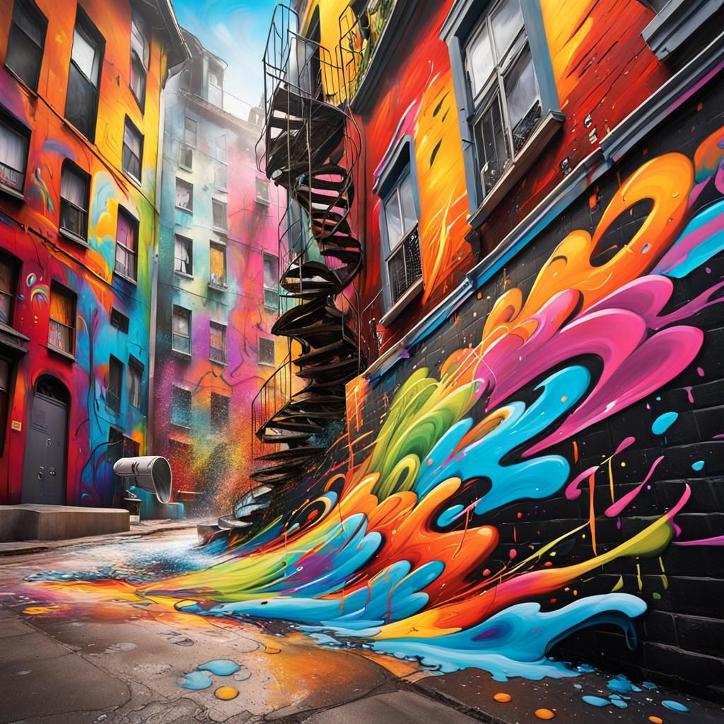 Vibrant Street Art: Wind Vortex in Polychromatic Alleyway