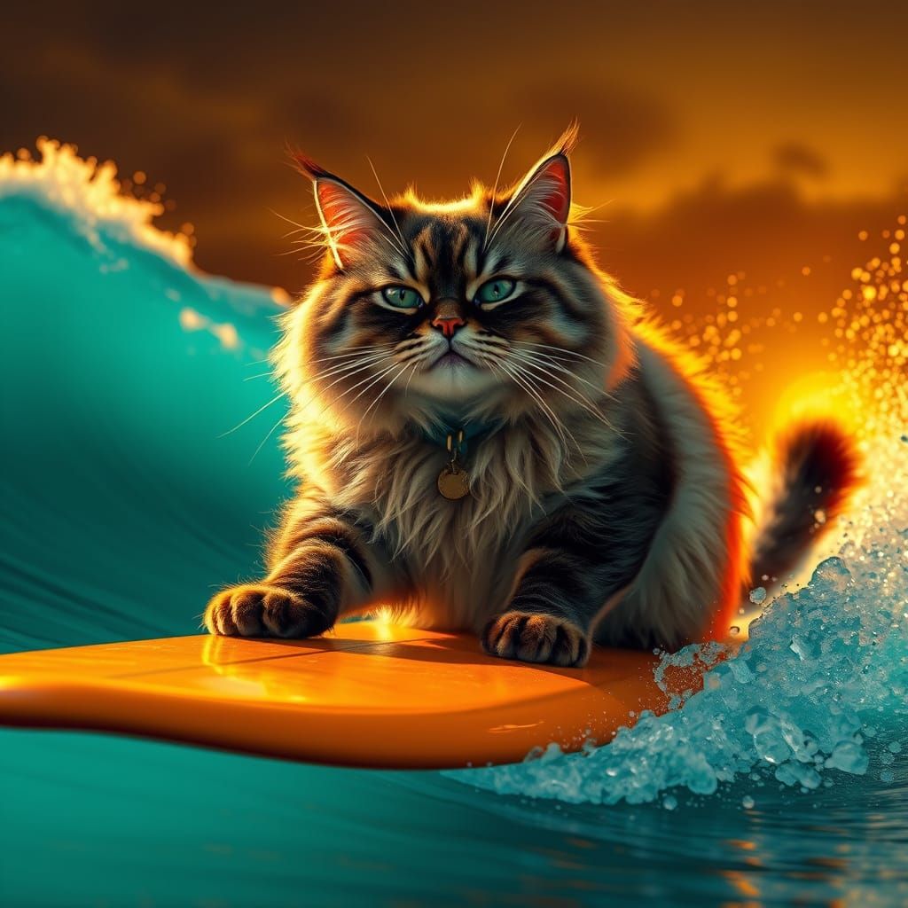 Majestic Fat Cat Riding Turquoise Wave in Golden Sunset