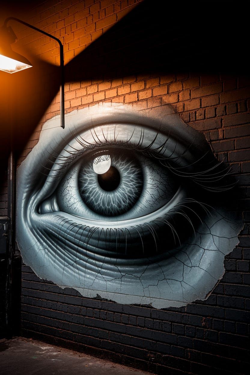 Haunting Eye Mural in Dieselpunk Alleyway