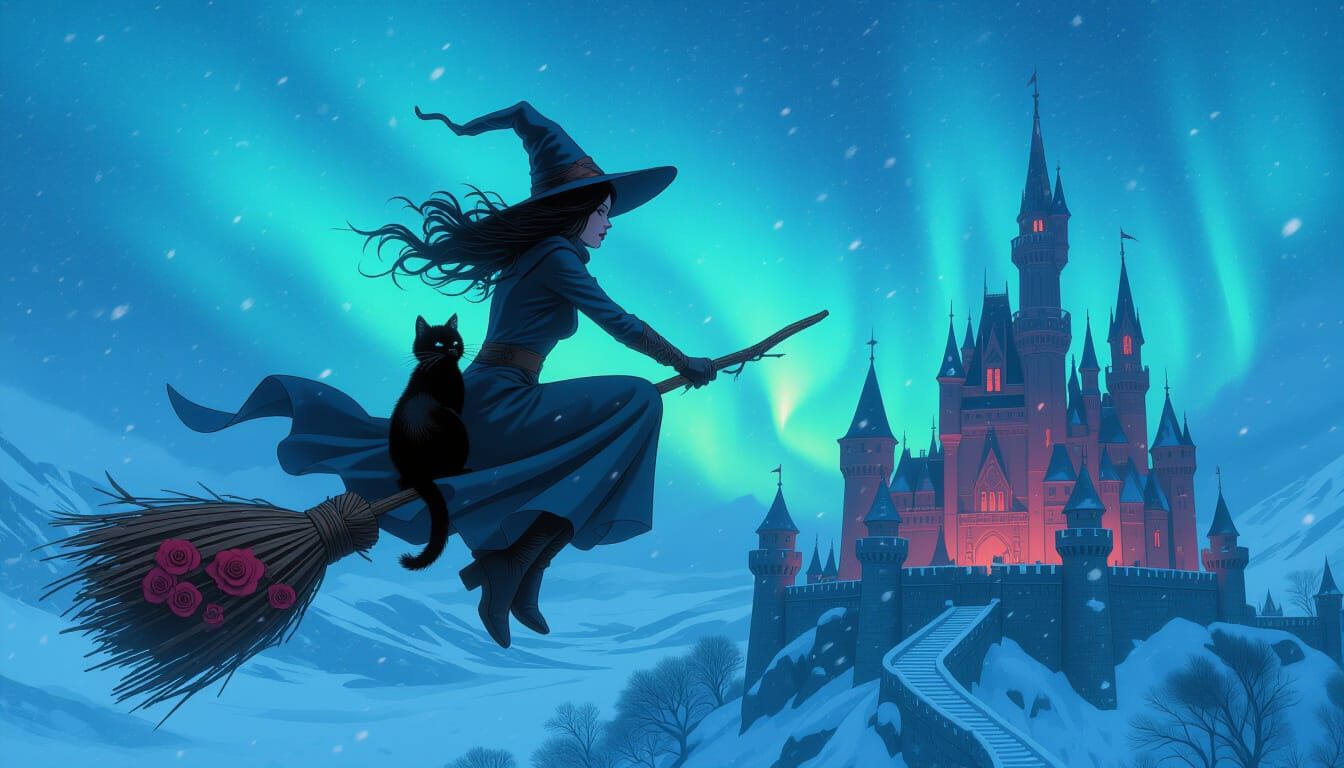 Witch on Rose Broomstick Flies Over Snowy Castle