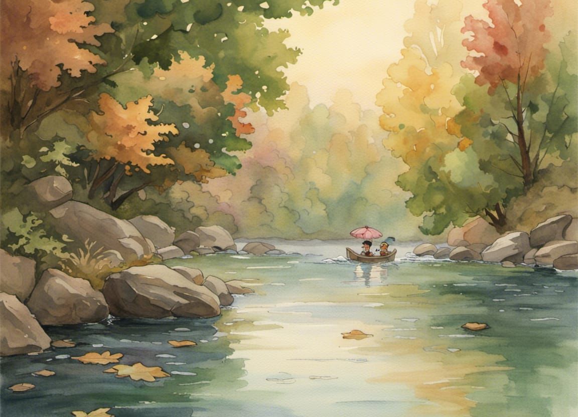 Leaf Floating Down River: Ghibli-esque Watercolor