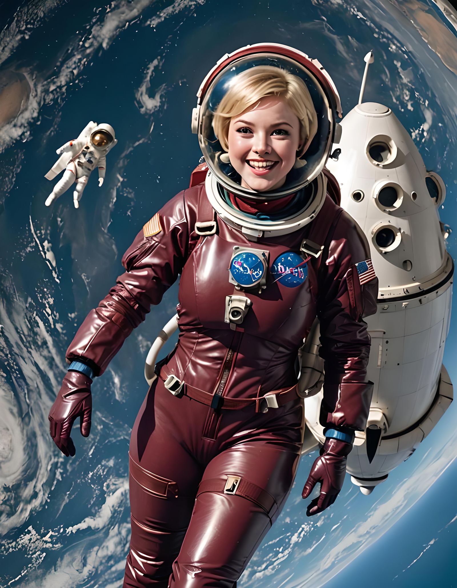 Excited Blonde Astronaut on Spacewalk in Earth Orbit