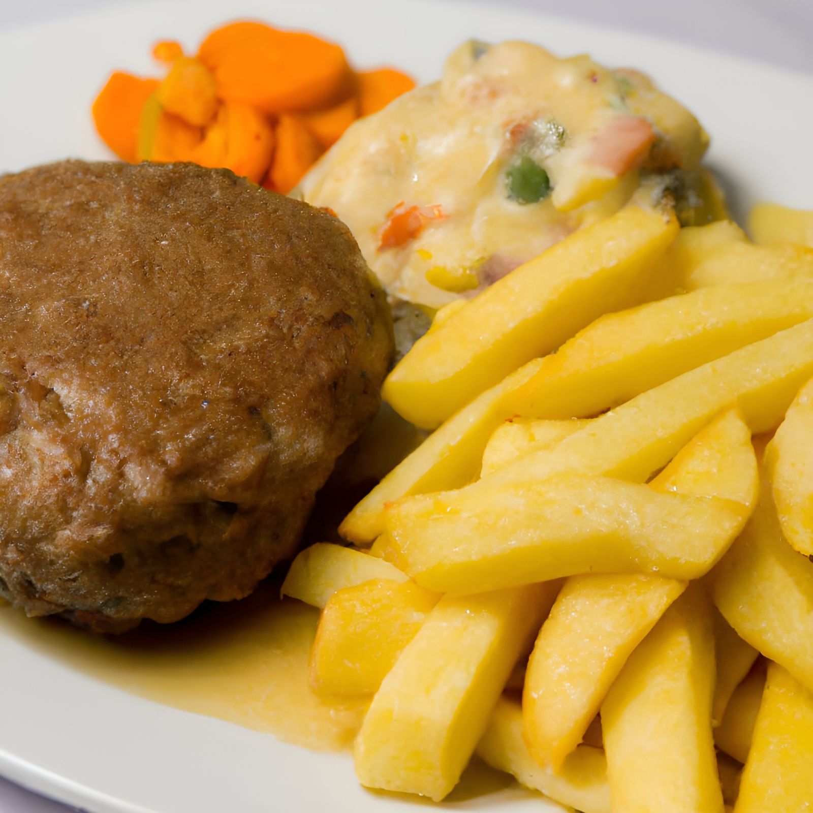 Hearty Meatloaf with Steamed Vegetables and Fries