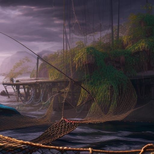 Detailed Fishing Net Matte Painting in Deep Color