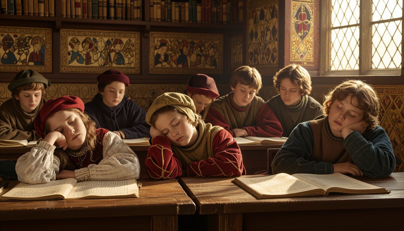 Medieval Classroom Scene with Fidgeting Children