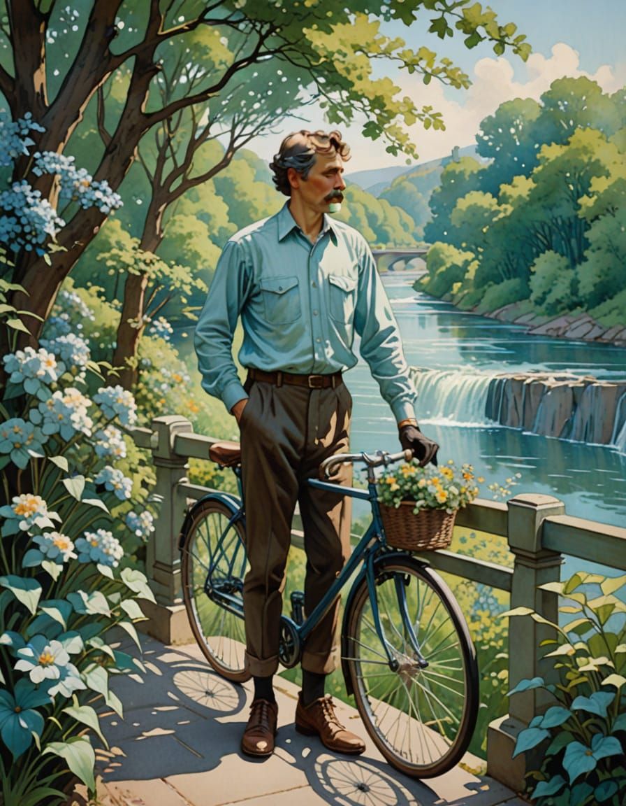 Elegant Art Nouveau Watercolor Masterpiece of a Cyclist