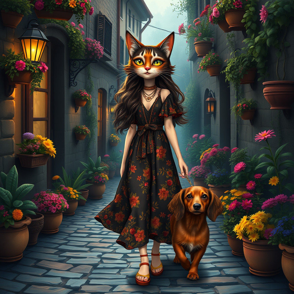 Cat-Headed Woman Walks Dachshund on Cobblestone Street
