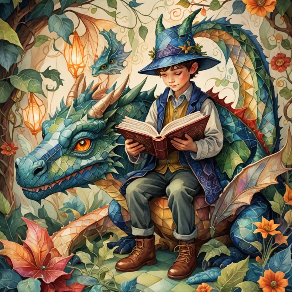 Boy and Dragon in Patchwork Watercolor Style